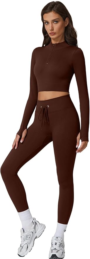 QINSEN Workout Sets for Women 2 Piece Seamless Long Sleeve Crop Tops Ribbed High Waist Leggings