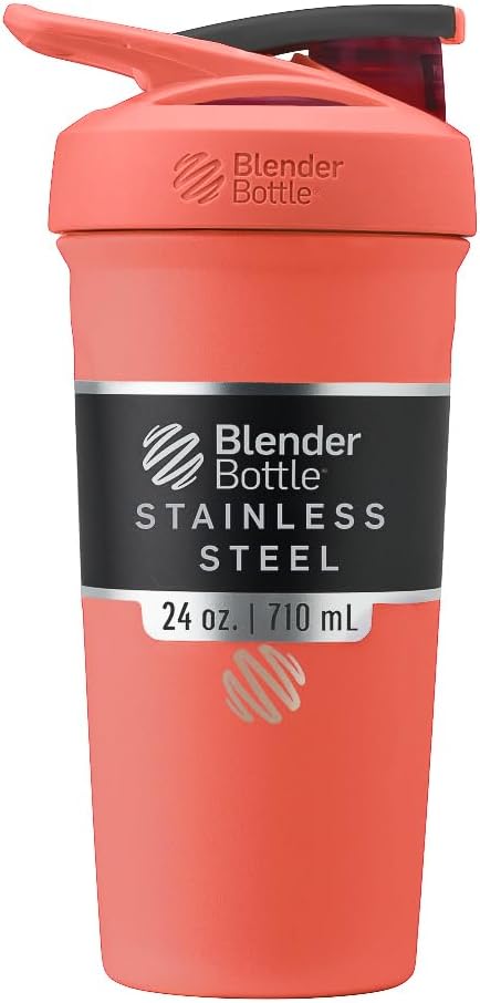 BlenderBottle Strada Shaker Cup Insulated Stainless Steel Water Bottle with Wire Whisk, 24-Ounce, Full Color Coral