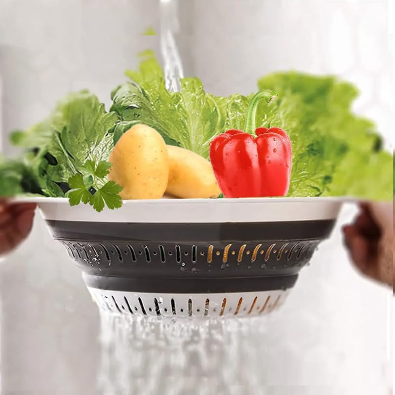 Collapsible Colander Set, Square Round Triangles Silicone Kitchen Strainer Perfect for Draining Pasta Vegetable fruit 2 PCS (Gray&Blue, 12"L x 9.5"W x 2.3"H)