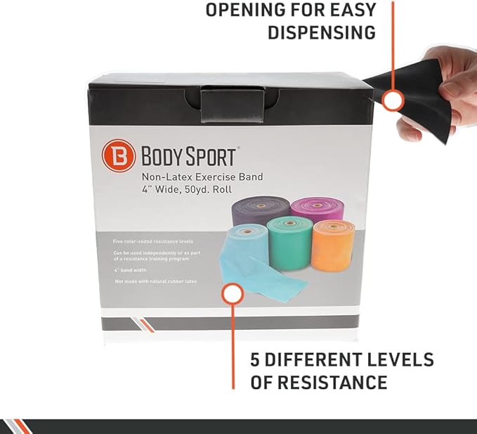 Body Sport Exercise Band, 50 yd. x 4 in. Roll, Heavy Resistance - Home & Gym Fitness Equipment for Stretching, Strength Training & Physical Therapy (Green)