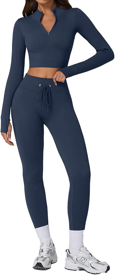 QINSEN Workout Sets for Women 2 Piece Seamless Long Sleeve Crop Tops Ribbed High Waist Leggings