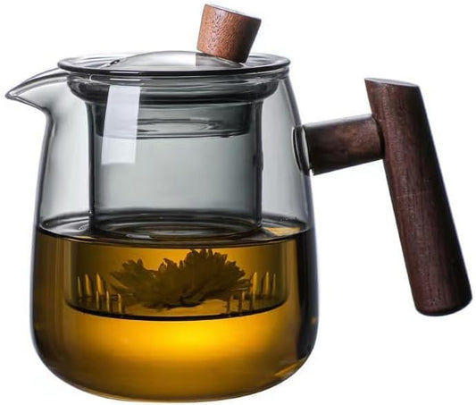 Glass Teapot,18.6oz/550ml Glass Tea Kettle With Wooden Handle,Stovetop & Microwave Safe Glass Borosilicate Teapot,Teapot With Infuser