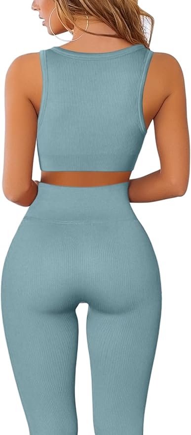 QINSEN Workout Outfits for Women 2 Piece Ribbed Seamless Crop Tank High Waist Yoga Leggings Sets