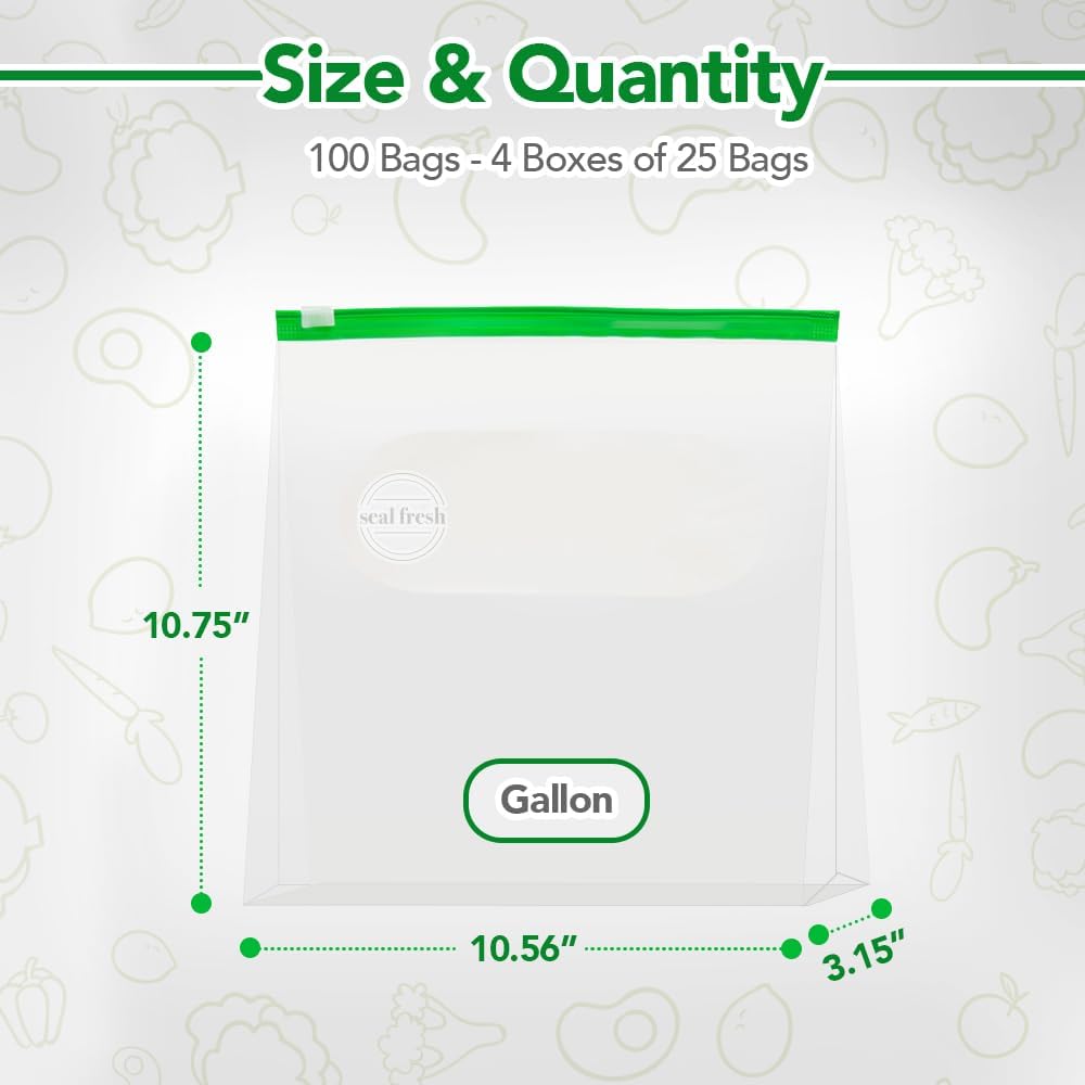 Gallon Slider Storage Bags 100 Pack — Reusable Freezer Bags with Expandable Bottom, BPA Free, Microwave Safe, Clear Gallon Food Storage Bags