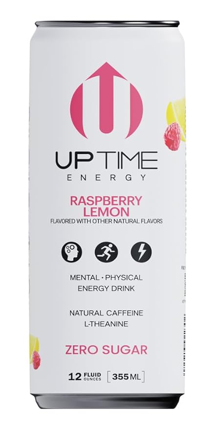 UPTIME Energy Drink, Raspberry Lemon Sparkling, 12 Pack, Vitamin C, L Theanine, Calcium, Sugar Free Energy Drinks for Focus Support, 142mg of Natural Caffeine, 5 Calories, Natural, 12 fl oz Cans