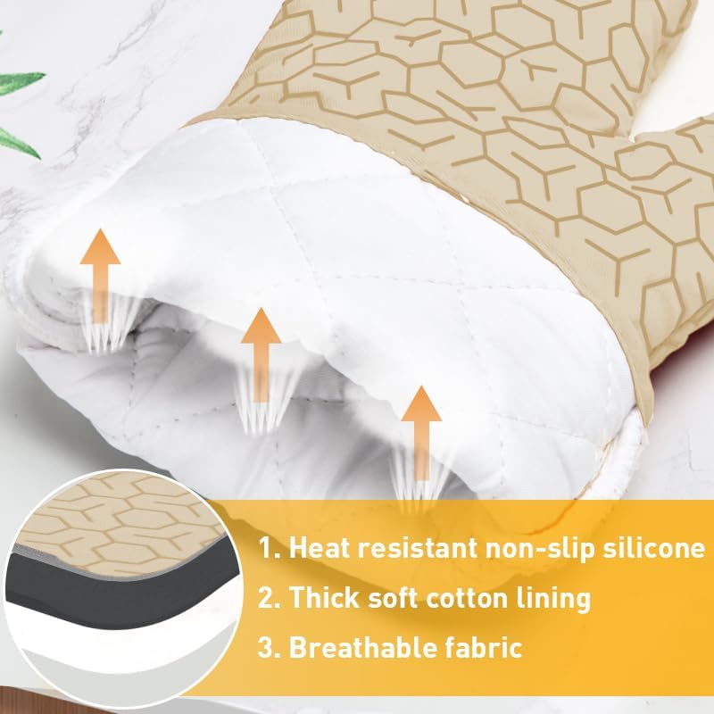 Oven Mitts and Pot Holders Sets 6pcs, Kitchen Oven Glove,High Heat Resistant 550 Degree Extra Long Oven Mitts and Potholders with Non-Slip Silicone Surface for Home Essentials (Grey) (Khaki)