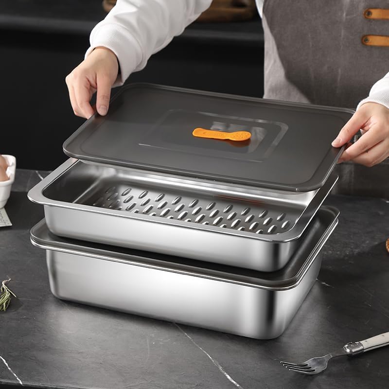 Roasting Pan,Non Stick Baking Pan,Cake Pan Rectangular 13.6"x 9.3"x 2.6",3 Litre Capacity with Lid (Stainless Steel)