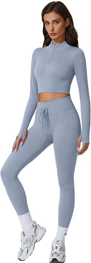 QINSEN Workout Sets for Women 2 Piece Seamless Long Sleeve Crop Tops Ribbed High Waist Leggings
