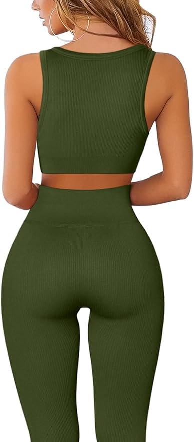 QINSEN Workout Outfits for Women 2 Piece Ribbed Seamless Crop Tank High Waist Yoga Leggings Sets