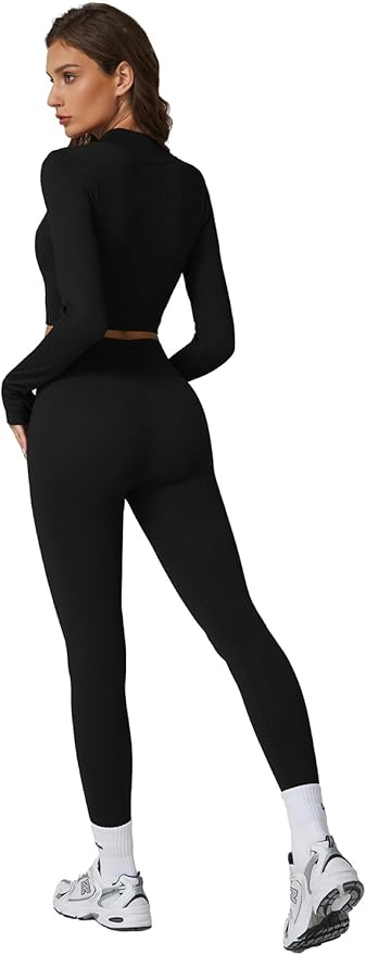 QINSEN Workout Sets for Women 2 Piece Seamless Long Sleeve Crop Tops Ribbed High Waist Leggings