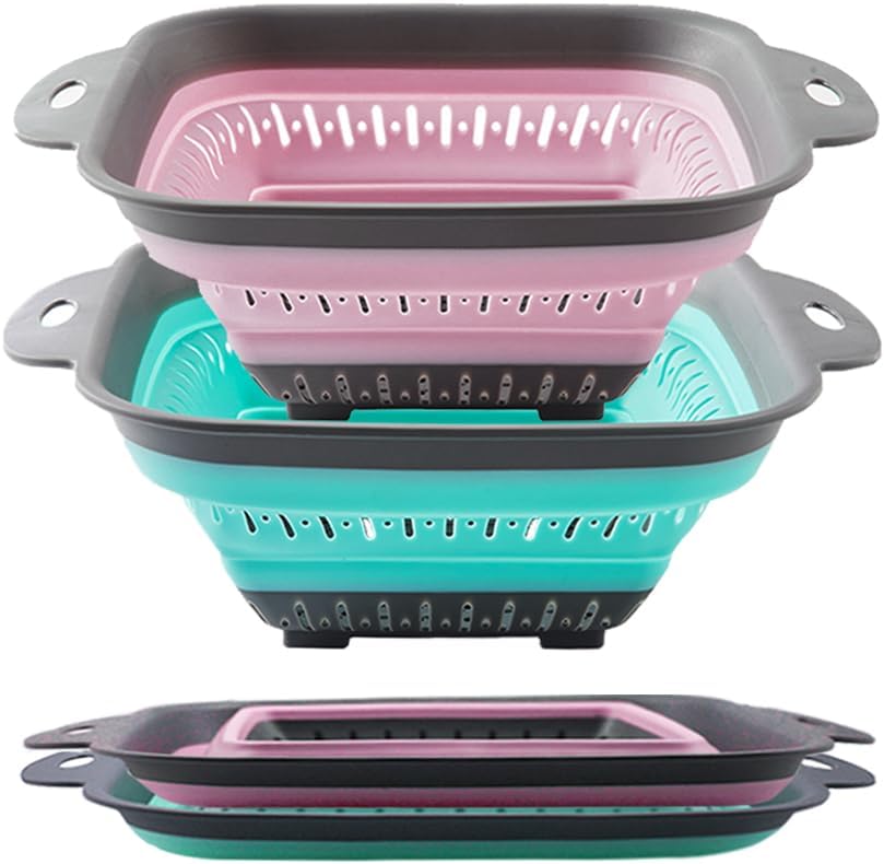 Collapsible Colander Set, Square Round Triangles Silicone Kitchen Strainer Perfect for Draining Pasta Vegetable fruit 2 PCS (10.8"L x 8.6"W x 2"H, Red & Green)