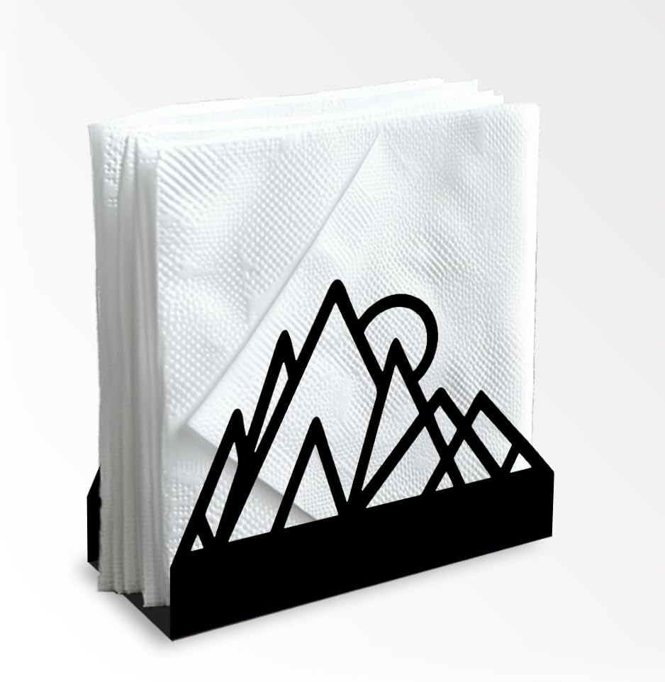 Geometric Mountains Decorative Black Metal Napkin Holder for Table, 4.9" x 4.9" x 1.9" Standing Napkin Holder for Home Kitchen Restaurant Picnic Party Coffee Bar Dining Room