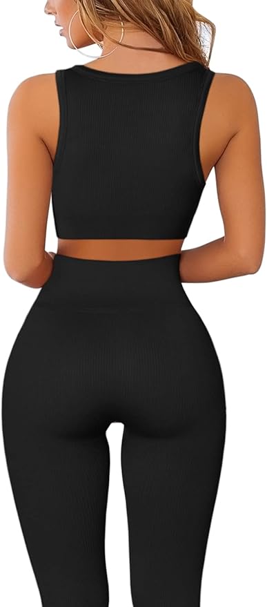 QINSEN Workout Outfits for Women 2 Piece Ribbed Seamless Crop Tank High Waist Yoga Leggings Sets