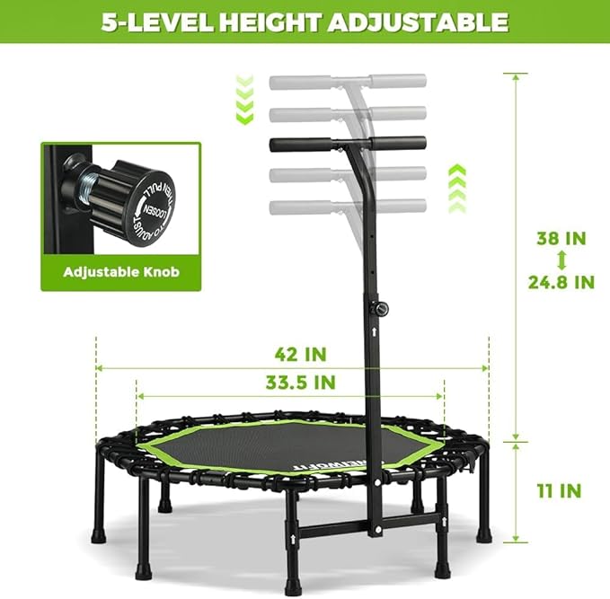 ONETWOFIT Foldable Rebounder Trampoline for Adults, 40/42/45” Mini Fitness Trampoline W/Adjustable Foam Handle Bungees, Quiet Exercise Trampoline for Personal Indoor Workout