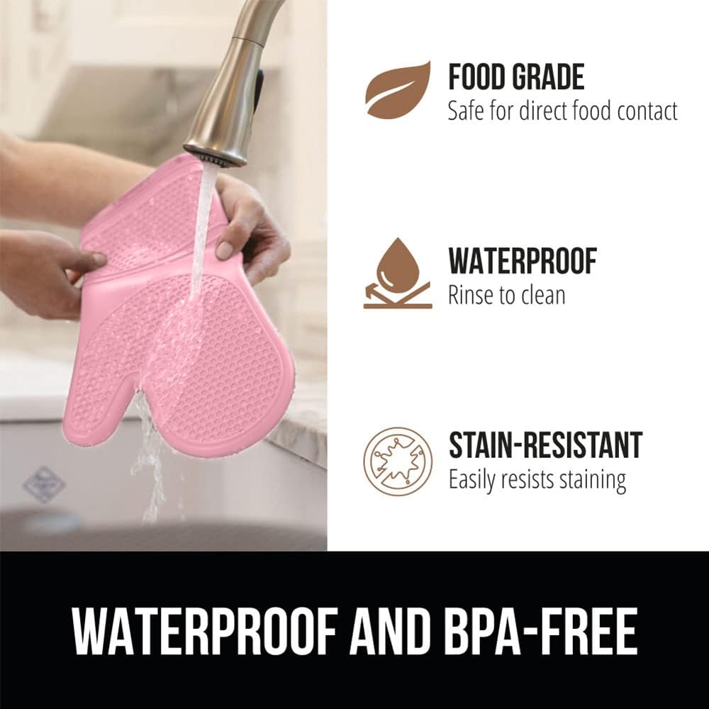 GORILLA GRIP BPA-Free Soft Silicone Oven Mitts, 14.5x8.3, Heat Resistant and Waterproof Cooking Gloves, Thick Cotton Lining, Flexible Gripping for Baking Grilling, Kitchen Potholders Set of 2, Pink