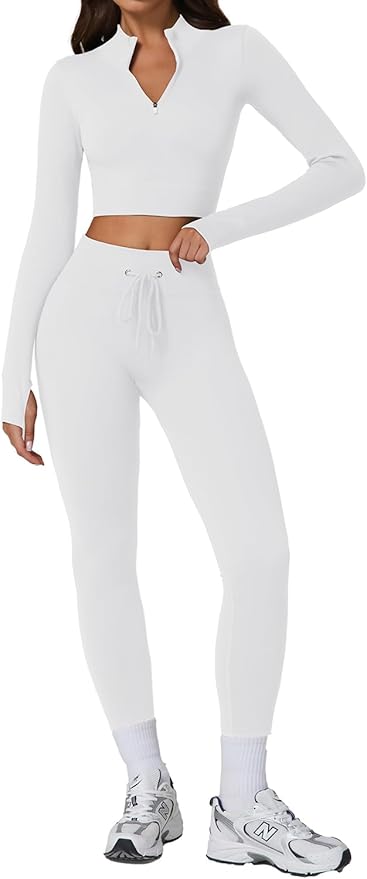 QINSEN Workout Sets for Women 2 Piece Seamless Long Sleeve Crop Tops Ribbed High Waist Leggings