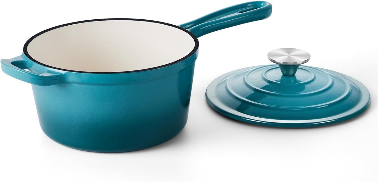 1QT Saucepan with Lid, Onader Enameled Cast Iron Sauce Pan, Small Cast Iron Pot for Cooking, Enameled Dutch Oven Nonstick & Heavy Duty – Dark Cyan