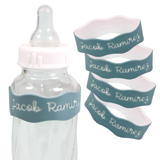 InchBug Orbit Labels - Baby Bottle Name Labels for Daycare, Sippy Cup Bands - Engraved Silicone, Reusable, Dishwasher Safe, White Contrasting Personalization, 4-Pack (Sea Glass)