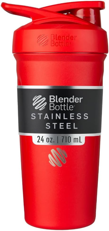 BlenderBottle Strada Shaker Cup Insulated Stainless Steel Water Bottle with Wire Whisk, 24-Ounce, Red