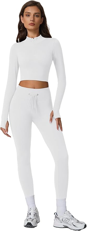 QINSEN Workout Sets for Women 2 Piece Seamless Long Sleeve Crop Tops Ribbed High Waist Leggings