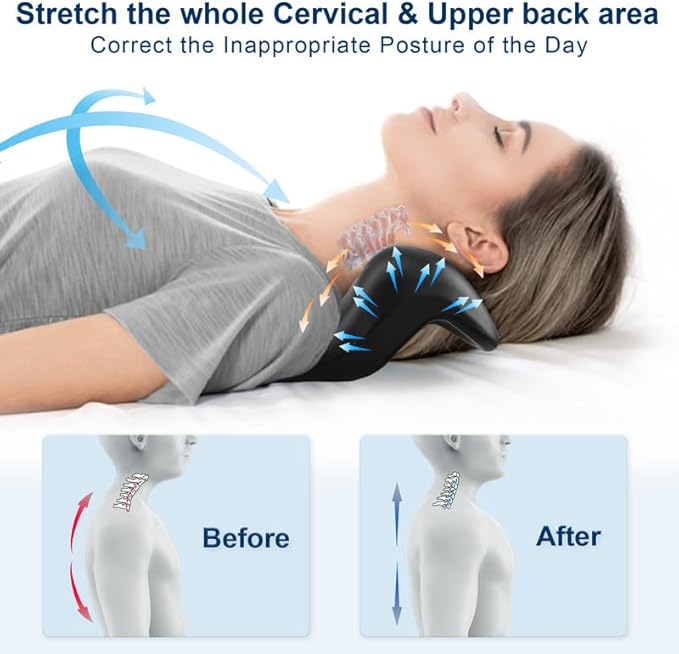 Neck and Shoulder Relaxer with Upper Back Massage Point, Cervical Traction Device Neck Stretcher for TMJ Pain Relief and Cervical Spine Alignment Chiropractic Pillow（Black）