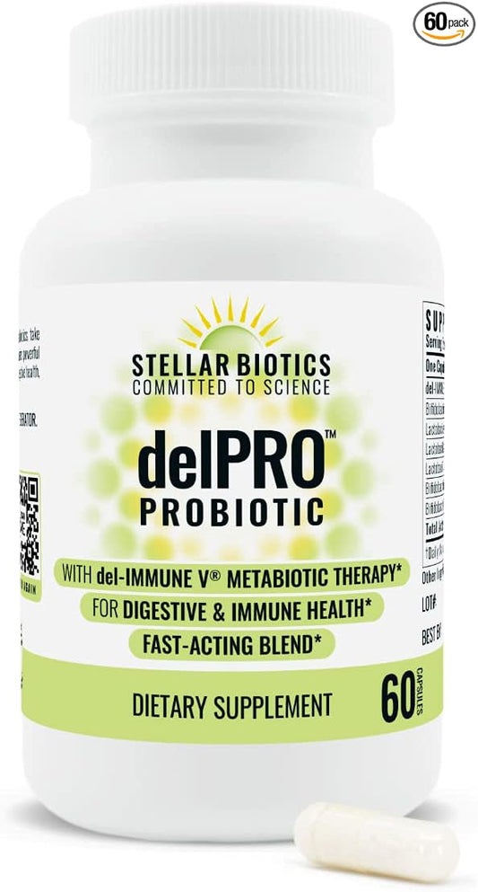 Stellar Biotics - Delpro Probiotic (+ Del-Immune V & Prebiotic Blend) Promotes Optimal Gut Health, Digestion, Immune Support & Mood (60 Capsules)