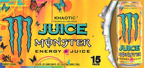Monster Energy Juice Monster Khaotic Tropical Orange, Energy + Juice, Energy Drink, 16 Ounce (Pack of 15)