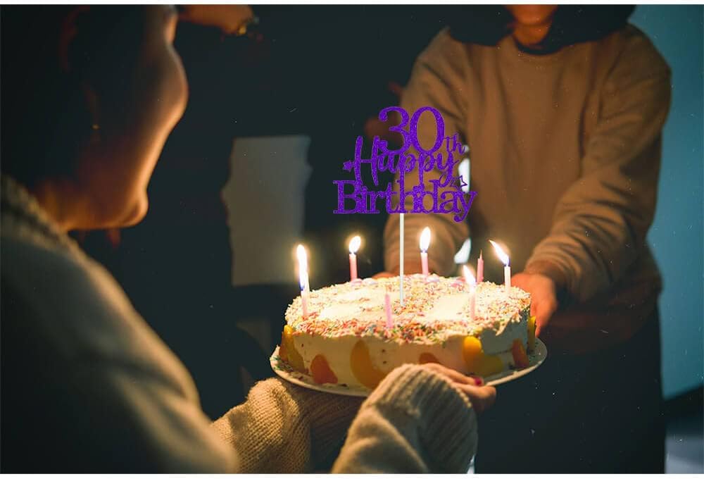 Glittery 30th Happy Birthday Cake Topper with Star,Personalised 30 Birthday Cake Toppers Party Decorations Party Supplies for Men Women Purple Silver