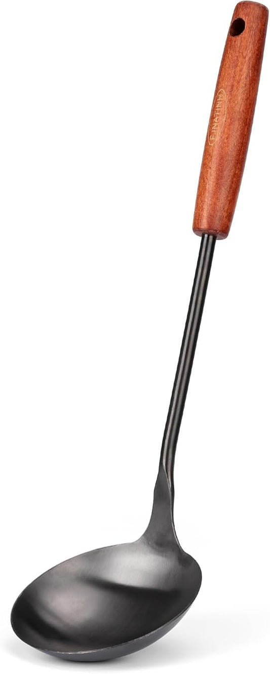 FJNATINH Soup Ladle, Food Grade 304 Stainless Steel Ladle, Large Metal Ladel Kitchen Cooking Soup Spoon Tools with Heat Resistant Wooden Handle, Integral Forming 13.8 Inches