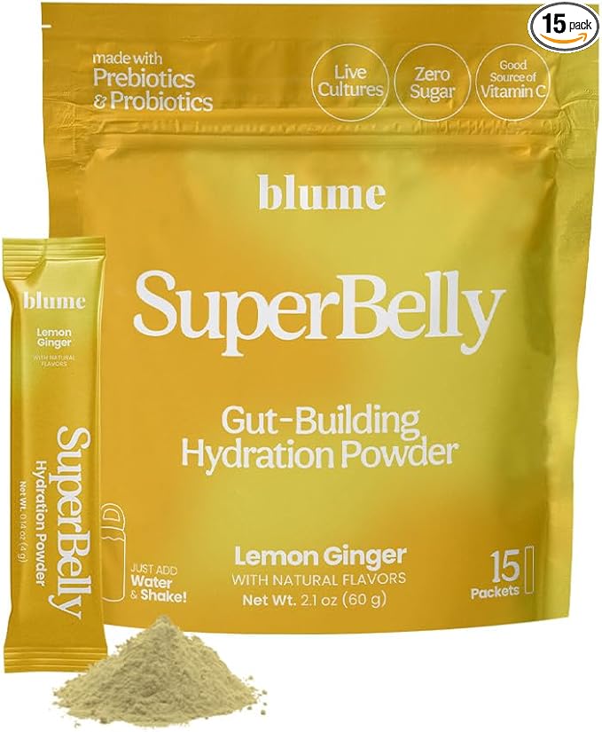 Blume New SuperBelly Gut Health and On-The-Go Hydration Packets, Sugar-Free, with Prebiotics, Probiotics, Apple Cider Vinegar, Vitamin C, and Electrolytes, Lemon Ginger, 15 Sticks