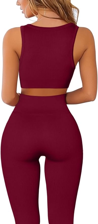 QINSEN Workout Outfits for Women 2 Piece Ribbed Seamless Crop Tank High Waist Yoga Leggings Sets