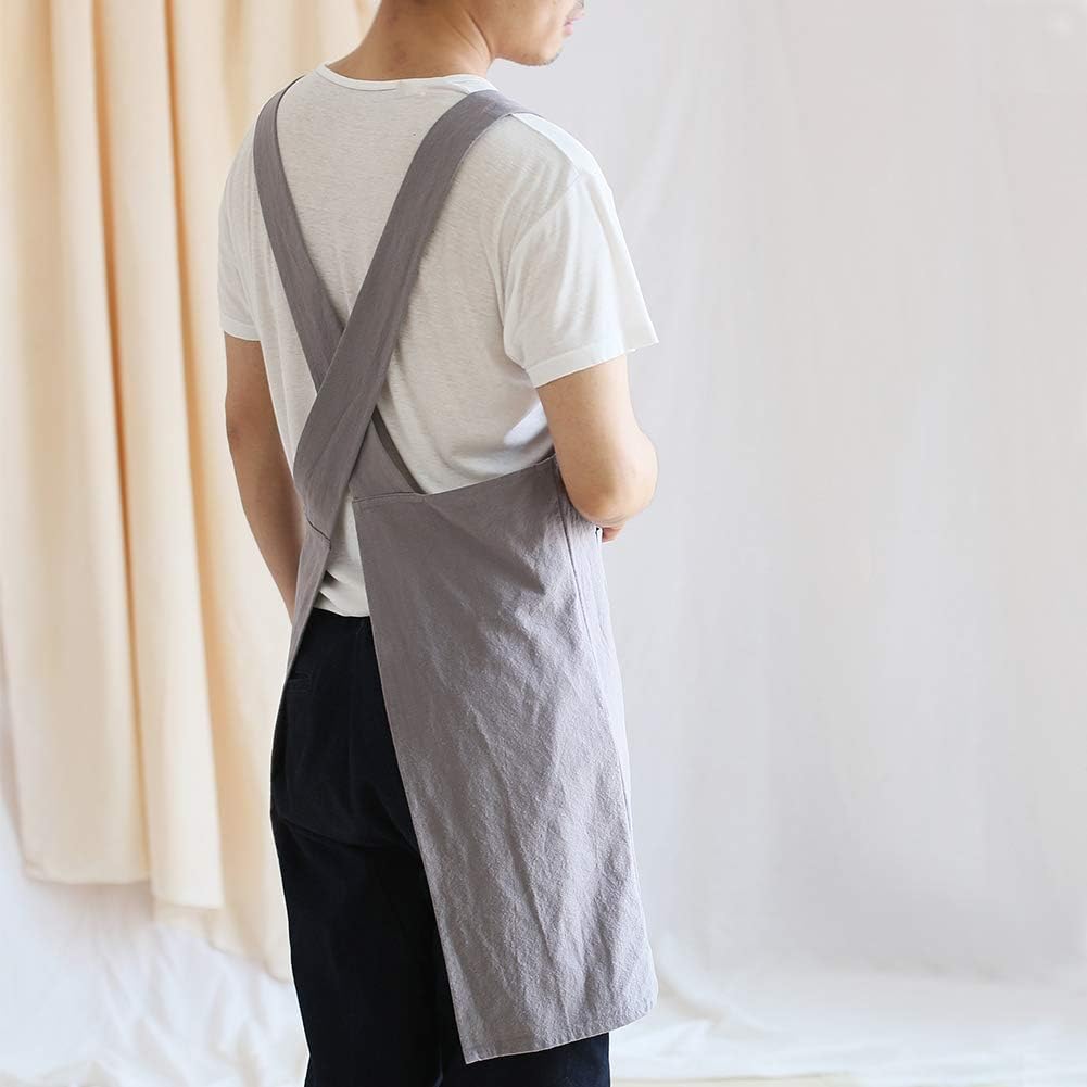 NEWGEM Japanese Linen Cross Back Cooking Aprons for Women Men with Pockets Cute for Baking Kitchen