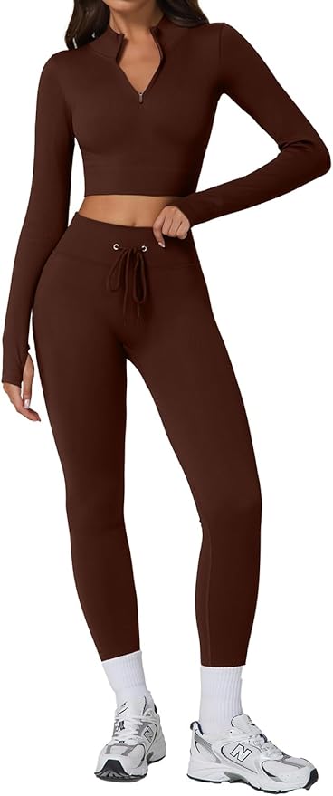 QINSEN Workout Sets for Women 2 Piece Seamless Long Sleeve Crop Tops Ribbed High Waist Leggings