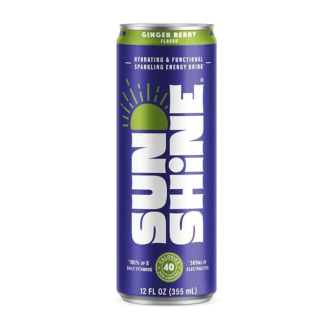Sunshine Sparkling Energy Drink, Ginger Berry with Daily Essential Vitamins, 360mg of Electrolytes, 70mg of Natural Caffeine, 12 Fl Oz (Pack of 24)