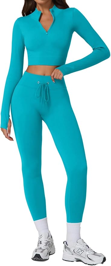 QINSEN Workout Sets for Women 2 Piece Seamless Long Sleeve Crop Tops Ribbed High Waist Leggings