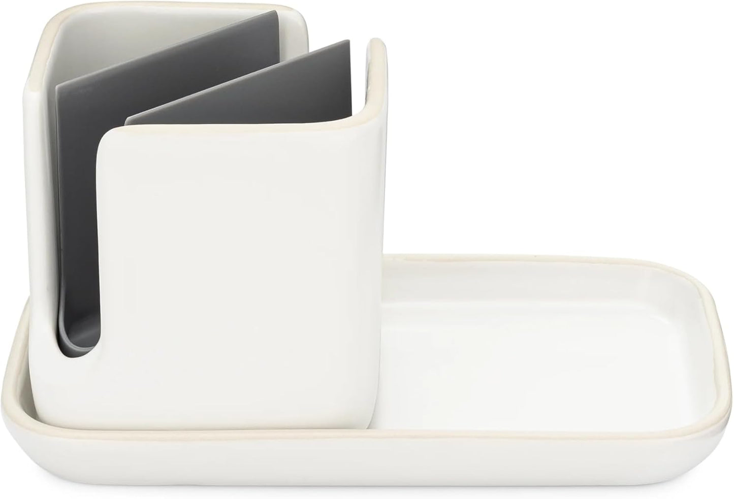 Full Circle Stash, Ceramic Kitchen Sink Caddy, Stylish Modular Sponge Holder & Dish Brush Organizer, White/Gray, 11"