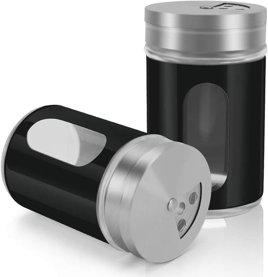 Accmor 2pcs Salt and Pepper Shakers,Stainless Steel Shaker for Salt Powder Sugar Cinnamon Pepper, Spice Dispenser with Adjustable Pour Holes,Black