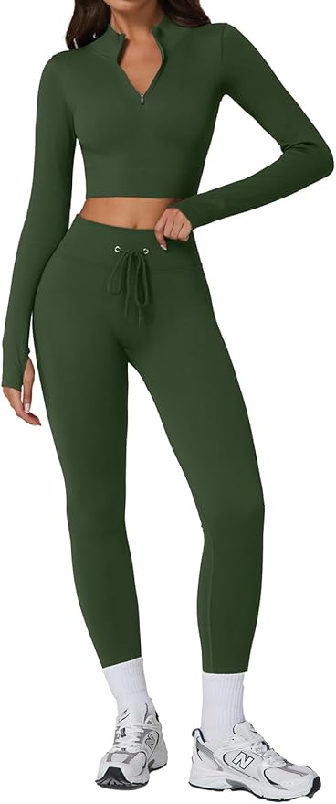 QINSEN Workout Sets for Women 2 Piece Seamless Long Sleeve Crop Tops Ribbed High Waist Leggings