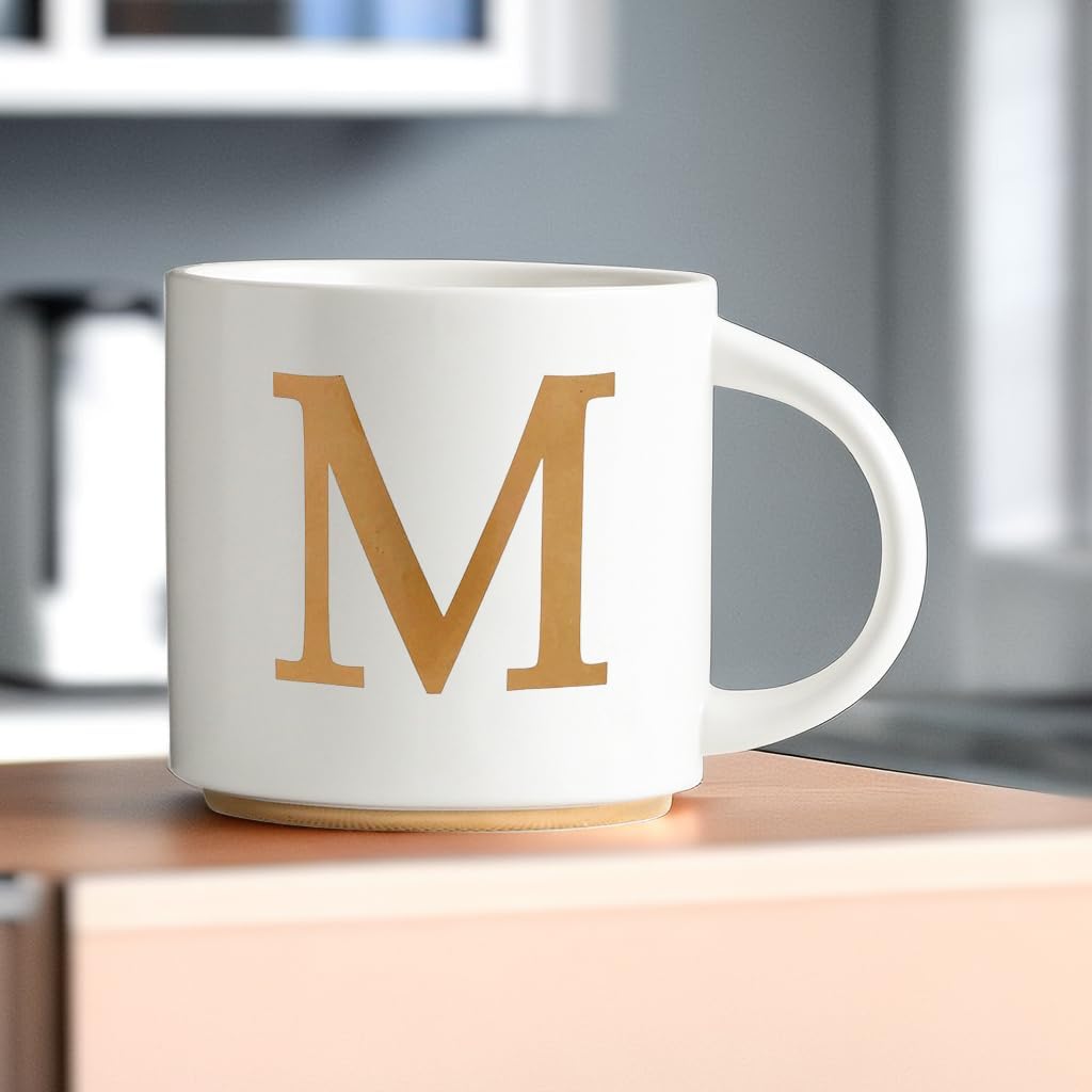 COLLECTIVE HOME - Monogram Ceramic Mugs, 15 oz Golden Initial Coffee Cups, Elegant Alphabet Tea Mugs, Elegant Personalized Mug with Gift Box, Unique Mug with Double Side Capital Letter (M)
