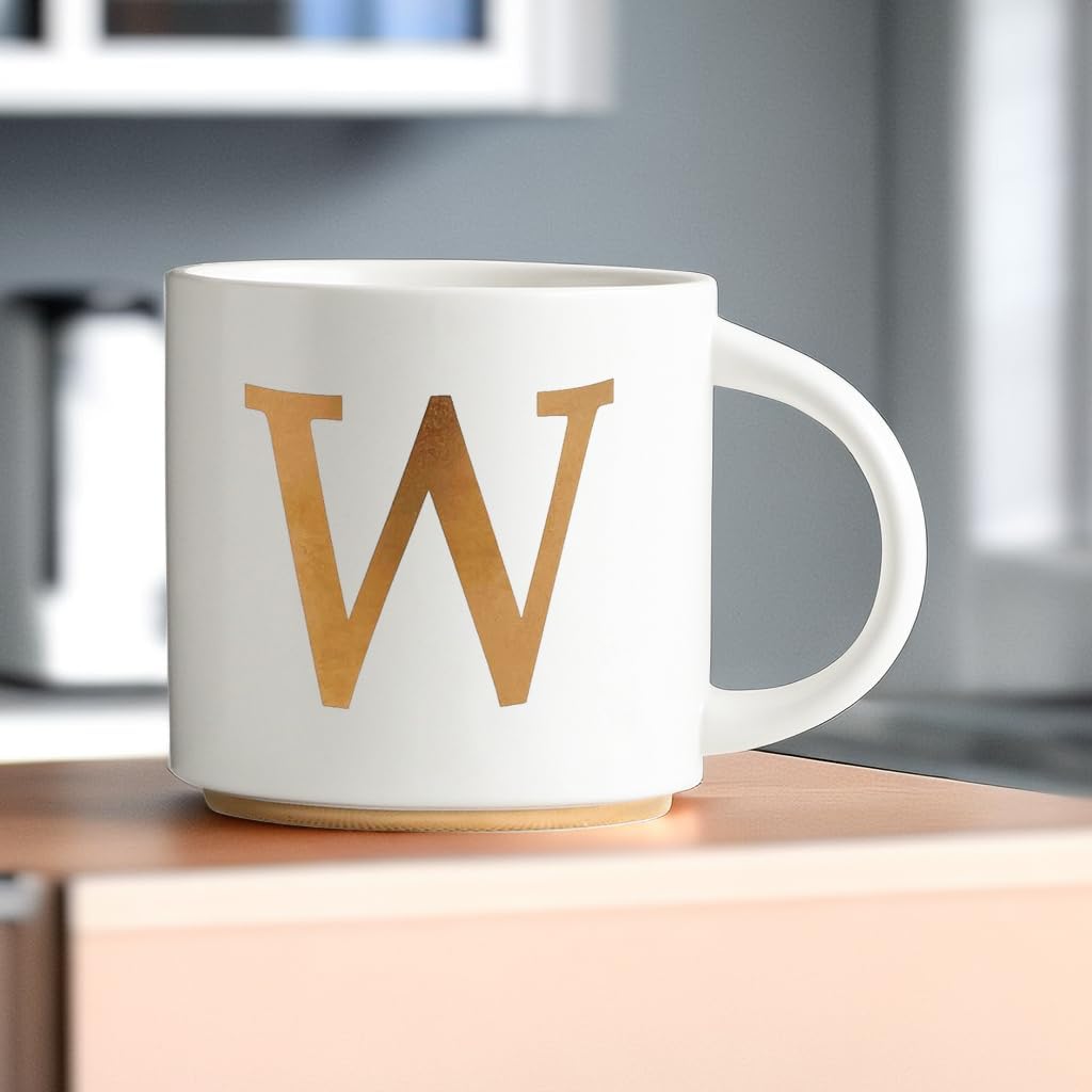 COLLECTIVE HOME - Monogram Ceramic Mugs, 15 oz Golden Initial Coffee Cups, Elegant Alphabet Tea Mugs, Elegant Personalized Mug with Gift Box, Unique Mug with Double Side Capital Letter (W)