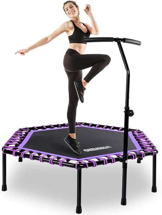 ONETWOFIT 48" Silent Mini Trampoline with Adjustable Handle Bar Fitness Trampoline Bungee Rebounder Jumping Cardio Trainer Workout for Adults