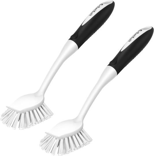 SetSail Dish Brush with Handle, 2 Pack Stiff Bristles Dish Scrubber with Built-in Scraper Dish Scrub Brushes for Cleaning Dishes, Pots and Pans, Kitchen Sink, White