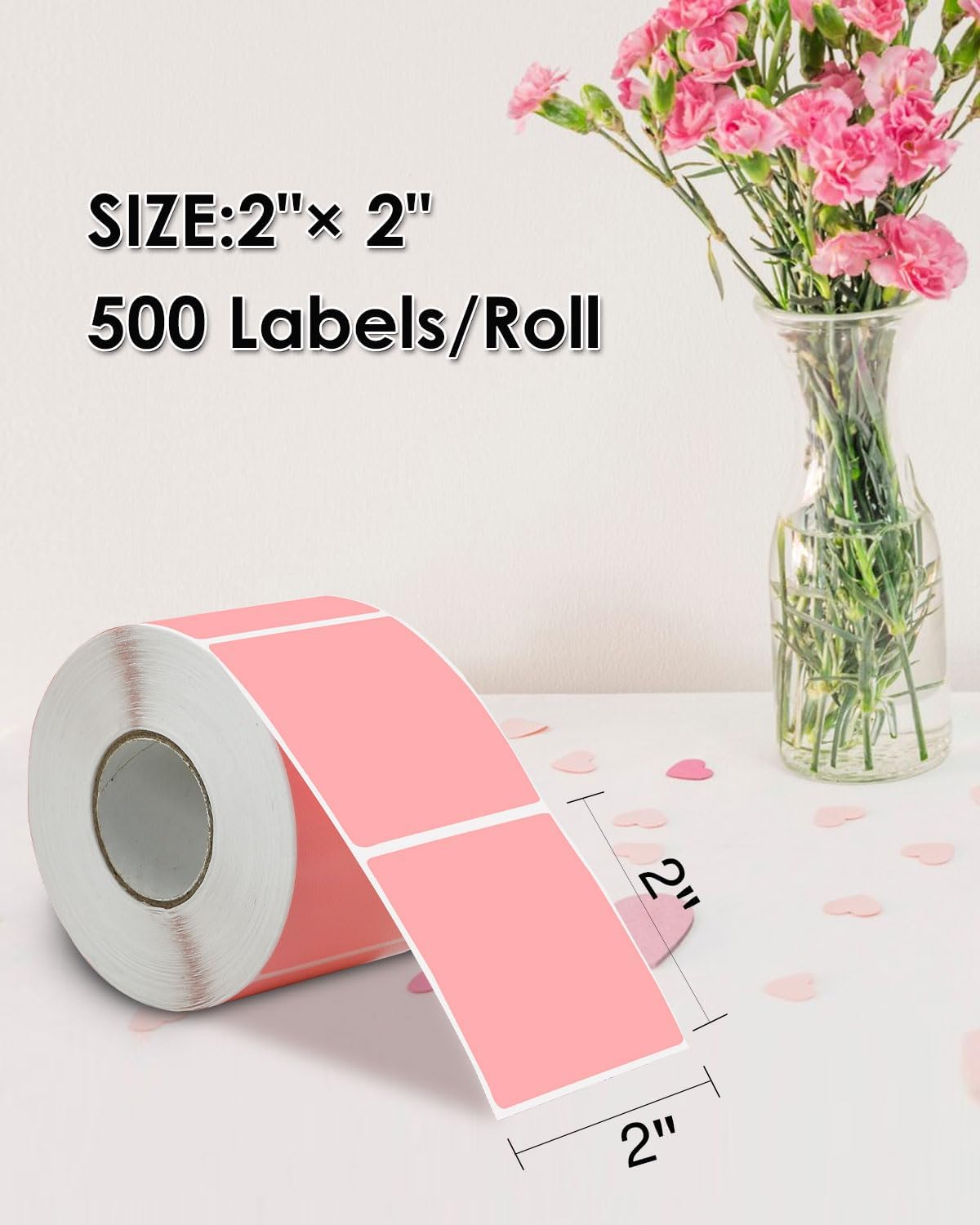 iEager Pink Square Thermal Label Stickers, 2"x2" Self-Adhesive Square Direct Thermal Labels with Perforation Line, 500 Sheets/Roll