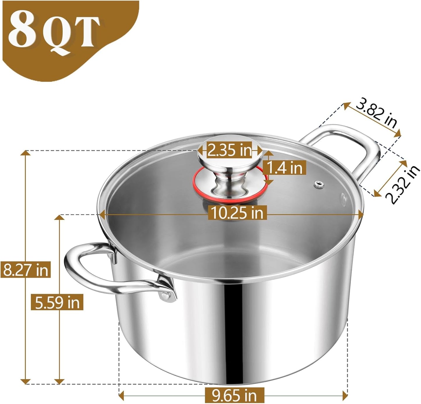 P&P CHEF 8 Quart Tri-Ply Stainless Steel Stock Pot, 8 Qt Stockpot Pasta Cooking Pot with Visible Lid for Soup Vegetable, Induction Cookware for All Stoves, Sturdy & Double Handle, Dishwasher Safe