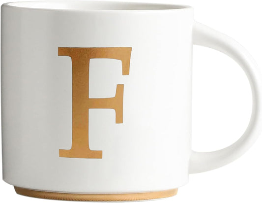 COLLECTIVE HOME - Monogram Ceramic Mugs, 15 oz Golden Initial Coffee Cups, Elegant Alphabet Tea Mugs, Elegant Personalized Mug with Gift Box, Unique Mug with Double Side Capital Letter (F)