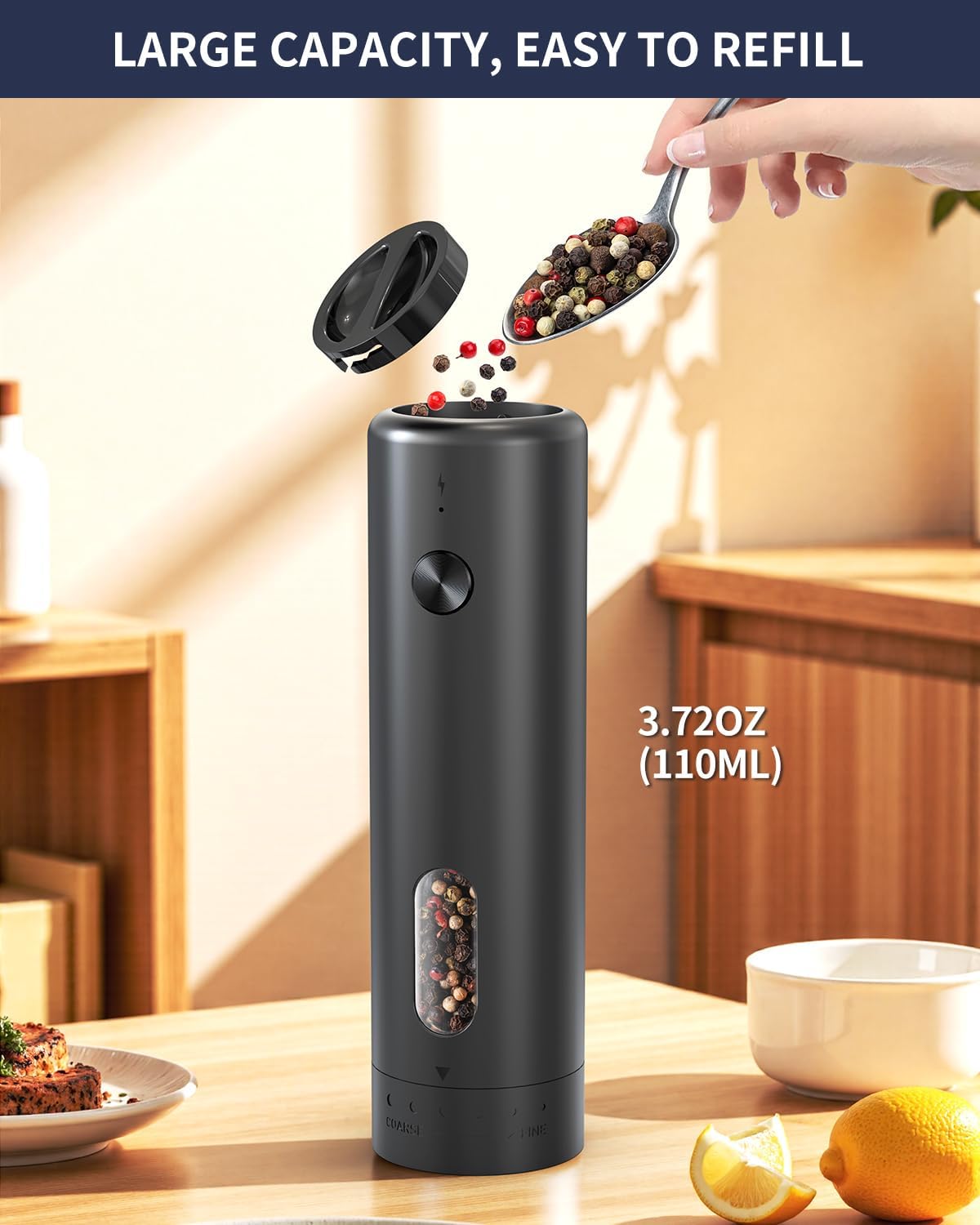 CIRCLE JOY Rechargeable Electric Salt and Pepper Grinder Set with Charging Base, Automatic Pepper Mills with 110ml Container, External Adjustable Coarseness, White Led Light, Easy to Operate, Black