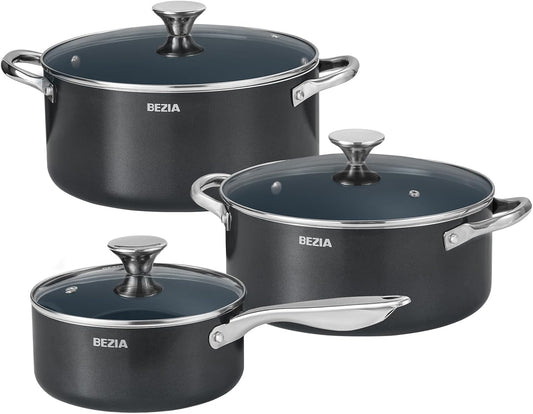 Induction Cookware Set 6-Piece, Stackable Kitchen Cooking Pots Set, 6qt 4.8qt & 2qt Pots with Lids, Dishwasher Safe & Oven Safe, Compatible with All Stoves, Black
