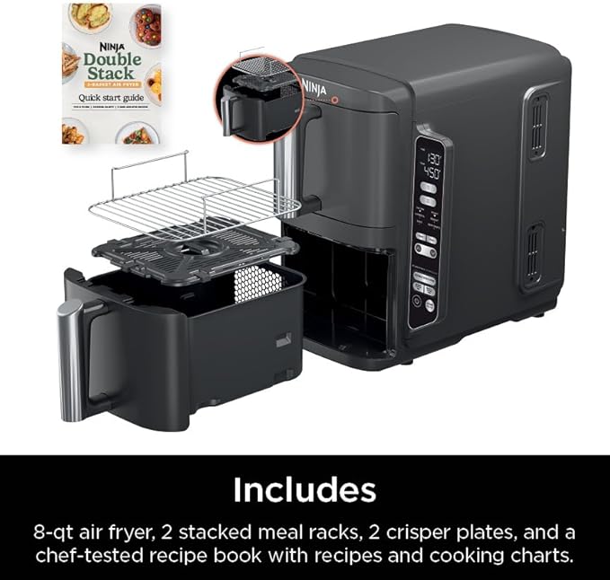Ninja Air Fryer, 8 QT DoubleStack 2-Basket, Space Saving Design, Cooks 2lb Chicken Wings, Feeds up to 6 People, 6-in1 Air Fryer, Roast, Bake & More, Easy to Clean, Dishwasher Safe Parts, Black, SL201