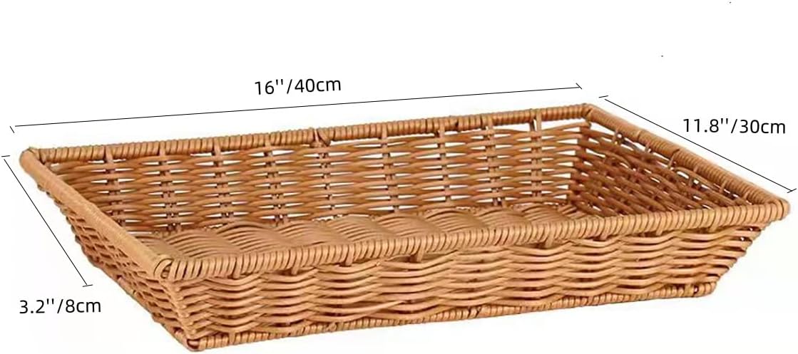 Poly Wicker Bread Basket, Hand Woven Food Storage Room Organizer, Fruits, Vegetables and Snacks Tabletop Food Serving Basket, Restaurant, Hotel Service, Brown (16“2pack)
