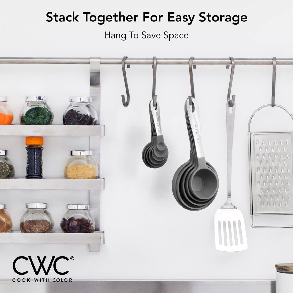 COOK WITH COLOR Measuring Cups Set and Measuring Spoon Set, Stainless Steel Handles, Nesting Kitchen Measuring Set, Liquid Measuring Cup Set, 12 PC Stainless Steel, Gray